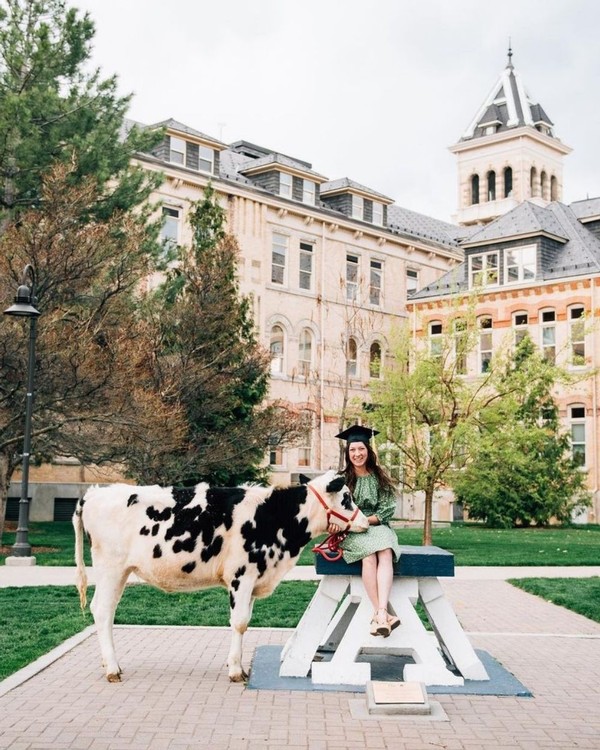 A female graduate poses for a photo on top of the Block A, sitting next to a live cow.