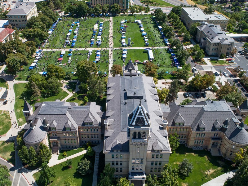 Aerial shot of Old Main during Day on the Quad.