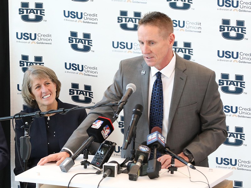 President Noelle Cockett and head football coach, Gary Andersen, at an athletics press conference.