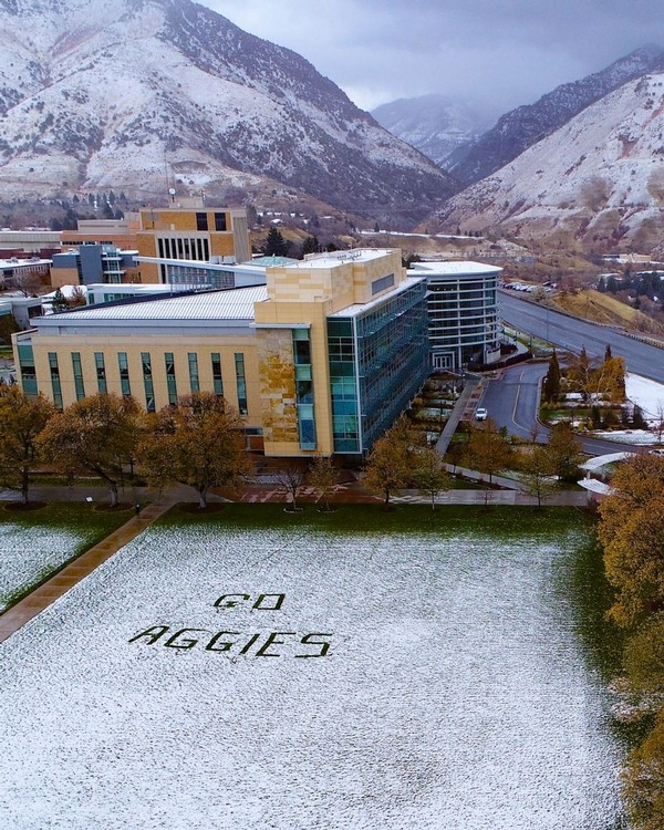 An aerial photo of the quad after a fresh snowfall, shows 