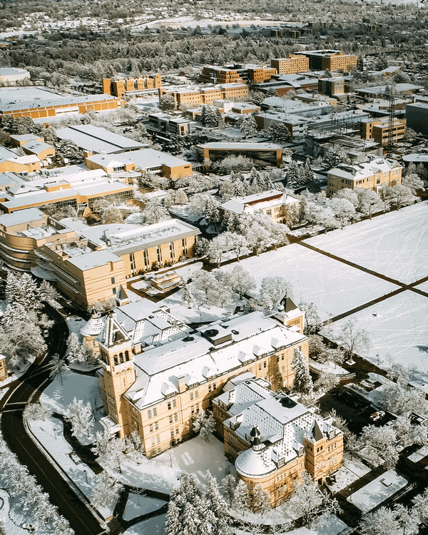 Fresh snow as seen in a campus aerial shot.